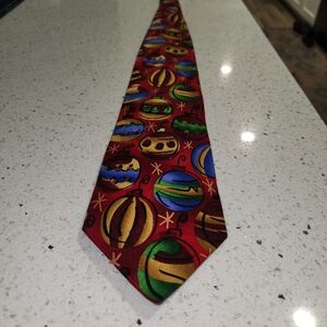 J. Jerry Garcia Red Silk Tie with Multicolor Ornament Motif Christmas